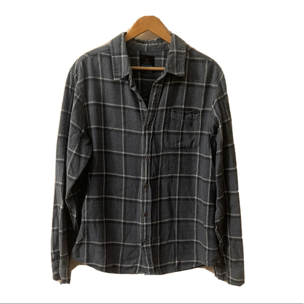 Prana Mens Button Down Flannel Shirt Size Large Blue Striped EUC J4
